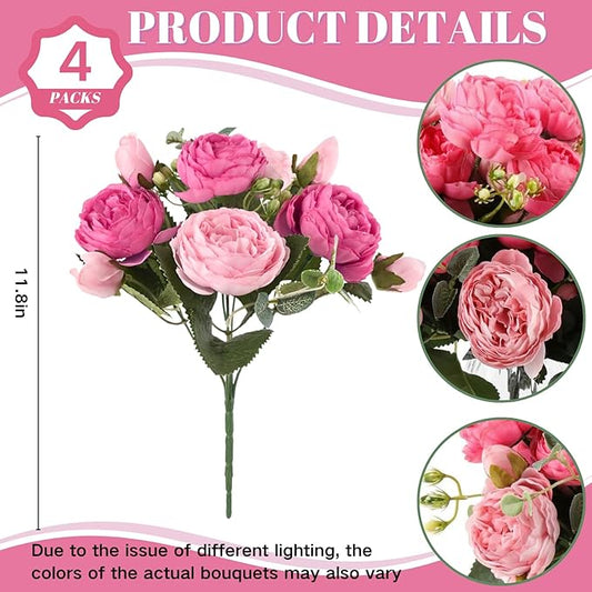 ASTRYAS 4Pcs Peonies Artificial Flowers, Mixed Pink Artificial Peonies, Silk Peonies Flowers Fake Peonies Artificial Flowers Peonies Bouquet for Centerpiece Table Wedding Party Home Decor