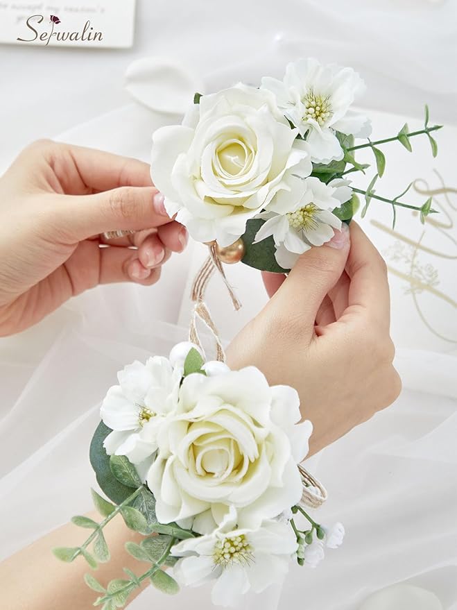 Serwalin Ivory Corsage and Boutonniere Set, Prom Flower Wrist Corsage Bracelets, Homecoming Roses Corsage Wristlet and Men Boutonniere for Wedding Flowers Accessories Prom Suit Decorations