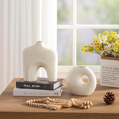 Ceramic Vase Set of 2, Modern Donut Vases for Minimalist Nordic Home Decor, Waterproof Round Vase, Decorative Centerpiece Vases for Living Room, Entryway, Bookshelf, Table Decor (Off White)