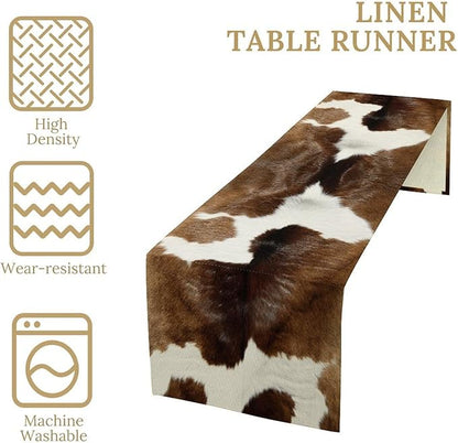 Cow Skin Print Table Runner Farmhouse Western White Brown Cowhide Rustic Cottage Country Seasonal Spring Fall Kitchen Dining Table Decoration for Home Party Dinner 13x60cm