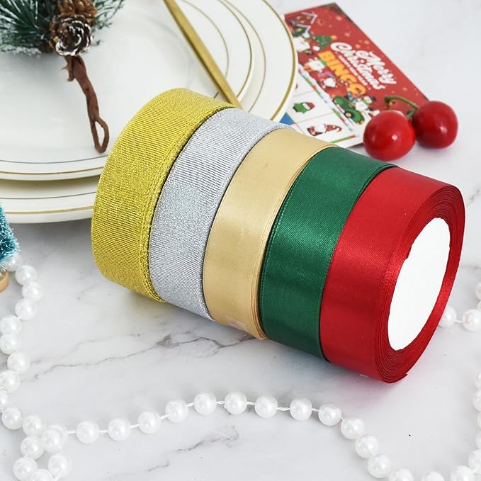 TONIFUL 5 Colors Christmas Ribbon 1 Inch x 125 yds Solid Glitter Satin Ribbon Set for Crafts Gifts Wrapping Ornaments Hanging Christmas Tree Decorations
