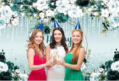 Renaiss 10x8ft Floral Happy Birthday Backdrop for Woman Fabric Green White Flowers Blooming Flower Photography Background Shinning Diamond Photo Backdrops for Birthday Party Supply