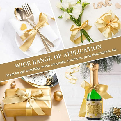 1-1/2 Inches 50 Yards Champaign Gold Satin Ribbon, Solid Fabric Ribbon Roll for Flower Bouquets, Gift Wrapping, Wedding, Handmade Crafts