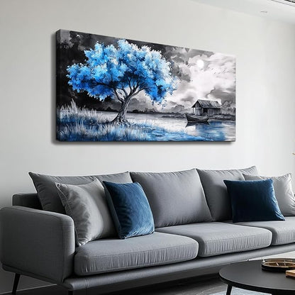 PHAOHUAXM Wall Art For Living Room Large Wall Decor For Bedroom Black White And Blue Trees Wall Pictures Artwork Restaurant Office Frame Printing Canvas Artwork Modern Home Decor Aesthetic 24x48 in