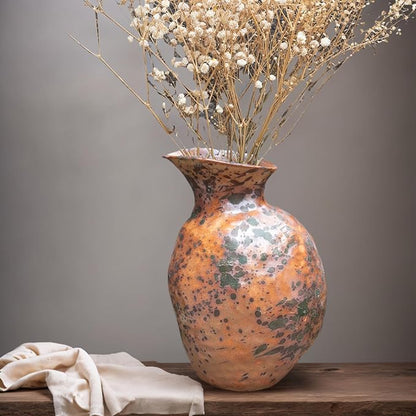 Rustic Ceramic Vase Vintage Farmhouse Style Decor, Frosted Texture Pottery for Home Decor, Modern Living Room, Office Desk Table Centerpiece (Grey and Green) 8IN