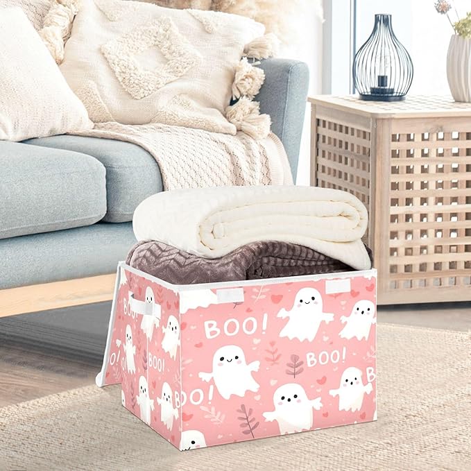 Halloween Baskets Collapsible Storage Bins with Lids, Ghost Love Grass Storage Boxes Clothes Baskets for Organizing