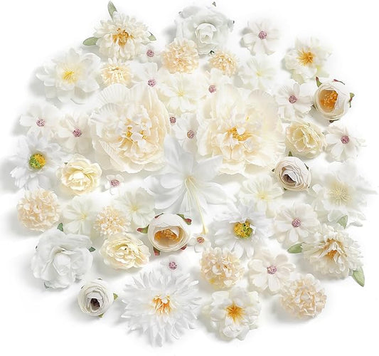 Artificial Flowers Heads Combo White Flowers Mix Silk Flowers Heads Bulk Faux Rose for Craft Garland Graduation Cap Wedding Bridal Baby Shower Home Party Decoration DIY Cake Decor