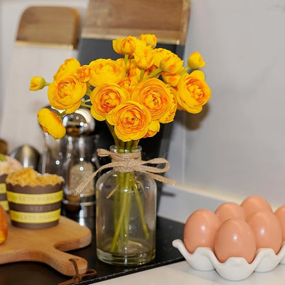 Ranunculus Artificial Flowers with Vase, 8 Pcs Faux Silk Ranunculus Flower in Vase, Small Flower Arrangements for Home Decor Indoor, Table Centerpiece. (Yellow)