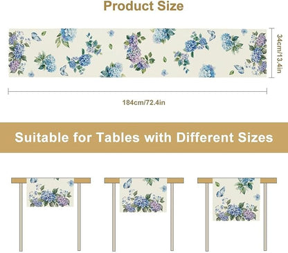 Blue Floral Table Runner, Spring Summer Watercolor Hydrangea Flower Butterfly Country Farmhouse Coffee Table Center Decor for Home Kitchen Dining Patio Holiday Party Table Decorations 13x108 inches
