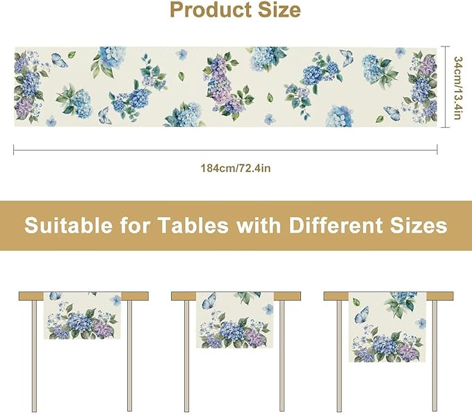 Blue Floral Table Runner, Spring Summer Watercolor Hydrangea Flower Butterfly Country Farmhouse Coffee Table Center Decor for Home Kitchen Dining Patio Holiday Party Table Decorations 13x36 inches