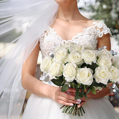 Nubry 24pcs Artificial Silk Roses Bulk,Fake Roses Flower with Stems Realistic Flowers for Wedding Centerpiece Home Party Decor(White)