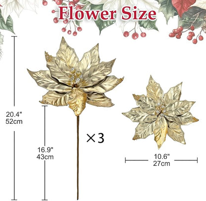 3 Pcs Artificial Christmas Flowers 11 Inch Glitter Poinsettia Picks Christmas Tree Ornaments Topper Decorations Champagne Poinsettias Flowers for Xmas New Year Wreath Garland Wedding Party Decor