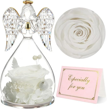 Yamonic Birthday Gifts for Women, Angel Figurines with Real Rose Gifts for Her Mom Grandma,Preserved Flowers Rose Angel Figurines for Mothers Day Christmas Anniversary Birthday Gifts for Her (White)