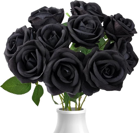 Black Roses Artificial Flowers 10 Pack in Bulk, Black Fake Roses Flowers Realistic Roses for Halloween Gothic Wedding Home Party Decoration Event Gift