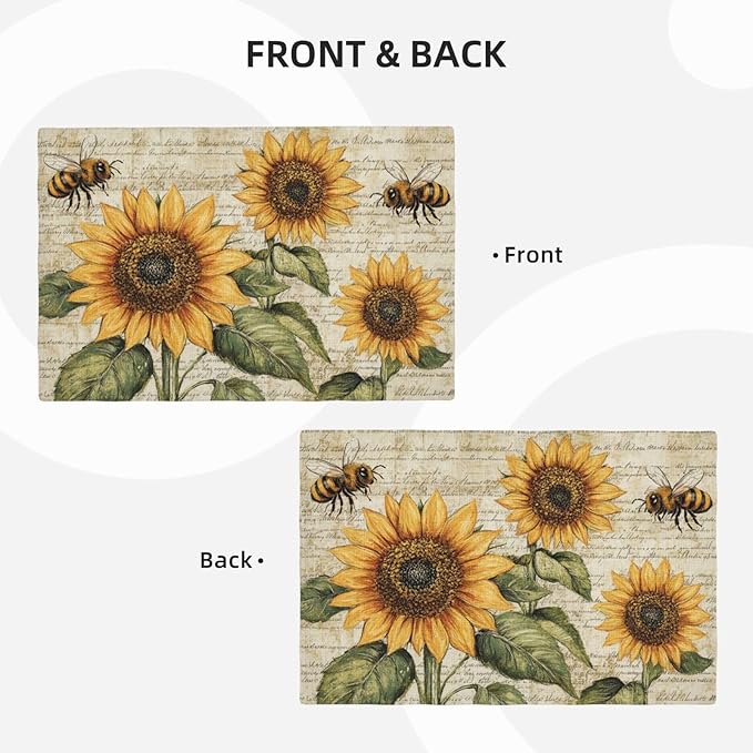 Vintage Sunflower Bee Placemats Set of 4 Washable Table Mats Rustic Spring Summer Floral Heat-Resistant Cotton Linen Place Mats for Dining Table Kitchen Indoor Outdoor Party Holiday Decor