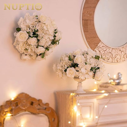 NUPTIO Flower Ball Arrangement Bouquet - 10 Pcs 15.7 inch Diameter White Fake Flowers Roses Balls for Centerpieces Tables - Artificial Rose Arrangements for Wedding Centerpiece Table Decorations