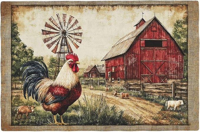 Retro Chicken Placemats Set of 4 Washable Table Farmhouse Rooster Heat-Resistant Cotton Linen Place Mats for Dining Table Kitchen Indoor Outdoor Party Holiday Decor