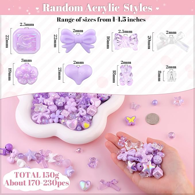 Assorted Acrylic Beads, 200-260PCS Purple Cute Beads for Bracelet Making, GummyBear Bow Flower Candy Kawaii Charms for Jewelry Making DIY Necklace Keychain Phone Charm Christmas Gift