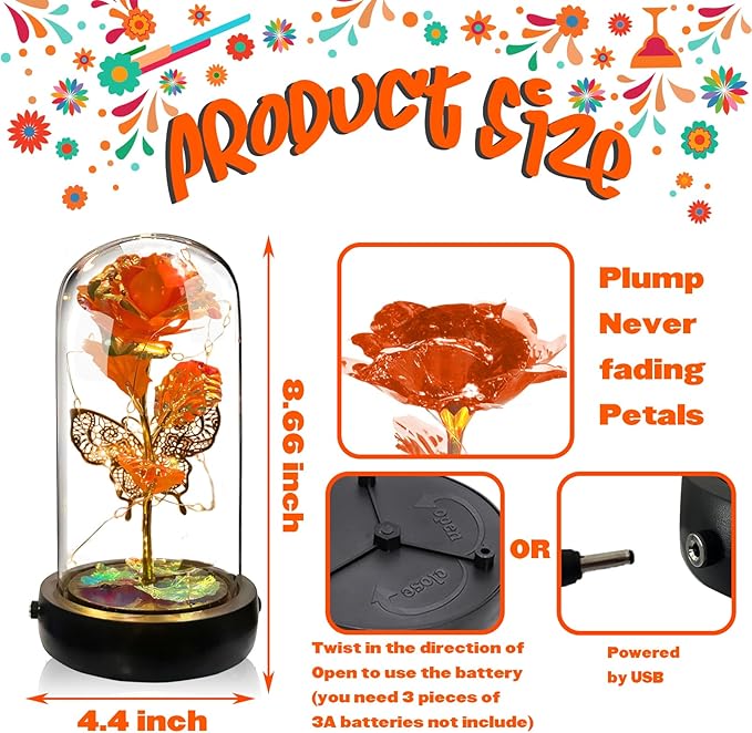 Birthday Rose Flower Gifts for Women, Glass Flower Gift for Mom from Daughter Son, Colorful Orange Light Up Rose in Glass Dome with Music Box for Her Wife Grandma