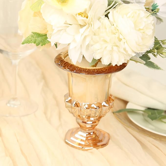 Efavormart 2 Pack Amber Gold Glass Flower Vases in Classic Roman Urn Style, Mini Pedestal Vase Table Centerpieces - 8"