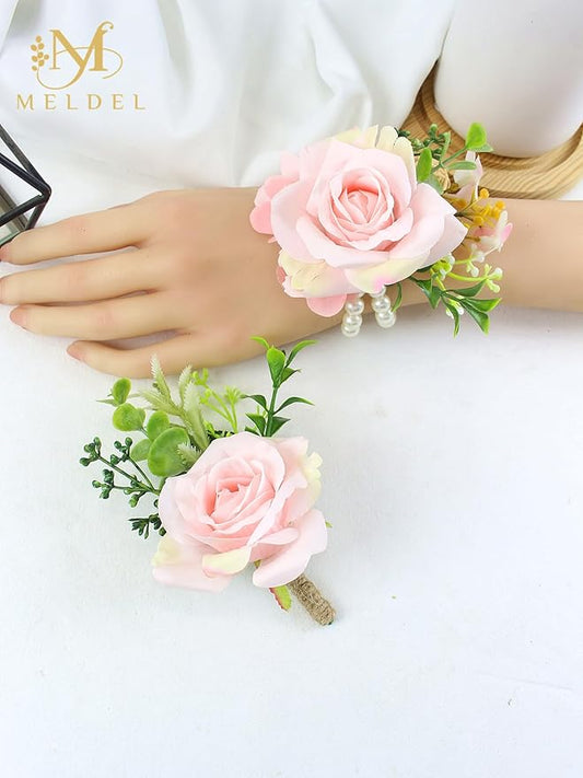 Meldel Wrist Corsage and Boutonniere Set(2pcs), Artificial Silk Rose Pink Wrist Flower for Bride Bridesmaids, Boutonniere for Groom Best Man Wedding Flower Accessories Prom Ceremony Party Decor