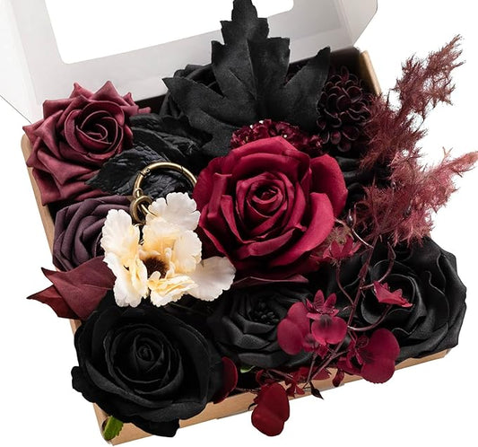 Ling's moment Fake Flowers Box, Faux Artificial Greenery Stems Foam Roses Dahlia Silk Maple Leaf Fabic Flower for Centerpieces Bouquet Wedding Vase Floral Decorations, Burgundy & Black, Mini Combo