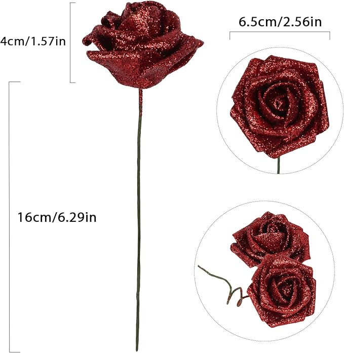 Red Glitter Roses 30pcs Fake Red Roses Real Looking 2.56" Glitter Flowers Faux Roses with Stems Foam Roses for Bridal Shower Decorations Wedding Bouquet Decor