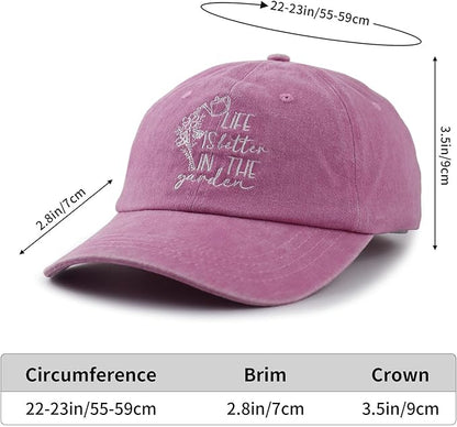 Life is Better in The Garden Hats for Women, Adjustable Cotton Embroidered Gardening Baseball Cap