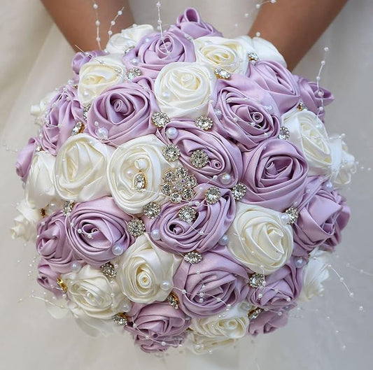 Bridal Wedding Bouquet Round Bling Brooch Bouquet Throw Toss Artificial Rose Flower Bunch for Bride Bridesmaid Wedding Quinceanera(Light Taro Purple & Ivory, 9.8")