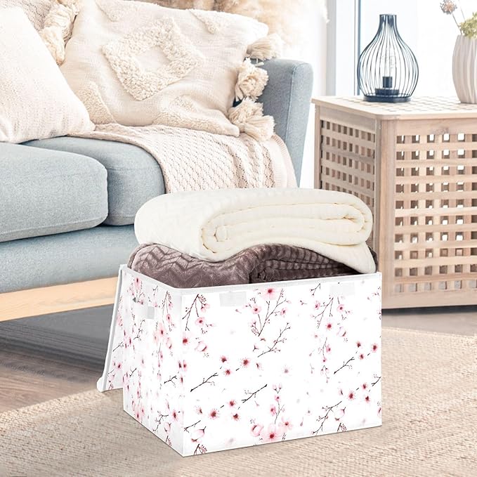 Flower Baskets Collapsible Storage Bins with Lids, Cherry Blossom Branche Storage Boxes Clothes Baskets for Organizing