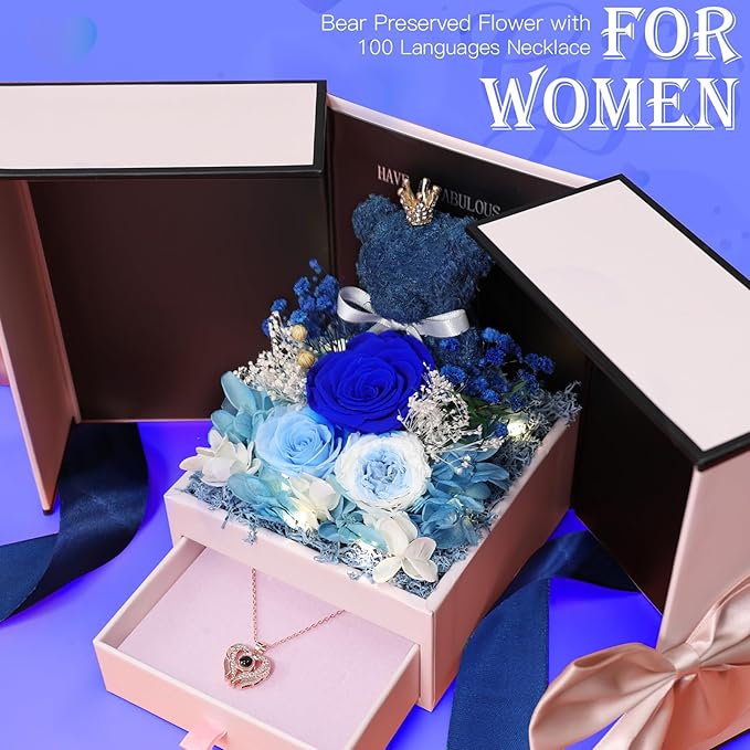 Gifts for Mom Grandma Christmas Birthday Preserved Flowers Roses with Heart Necklace Fresh Flowers for delivery Prime Eternal Forever Flower Box Xmas Gifts for Women Mother Her Wife from Daughter