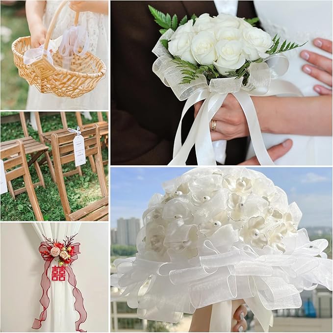 Green Ribbon for Gift Wrapping 1 inch Sheer Organza Ribbon for Flower Bouquet Tulle Thin Chiffon Ribbons for Wedding Invitations Presents Decorations Crafts 50 Yards