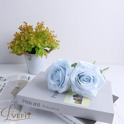 12pcs Artificial Rose Flower Ice Blue Rose Flower with Long Stem Silk Roses Bouquet for Wedding Bridal Shower Party Home Decoration