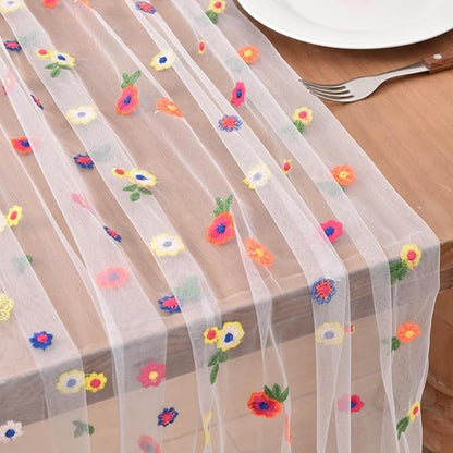 Joanlody 3pcs Ivory Embroidery Daisy Christmas Table Runner 10ft Florals Seasonal Tulle Table Runner Holiday Kitchen Dining Table Decoration for Home Party Indoor