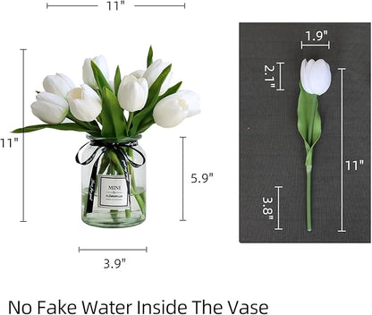 10pcs Fake Faux Tulips in Vase,Silk White Tulipanes Tulips Artificial Flowers Real Touch Arrangements with Vase for Desk Table Decoration Home Decor