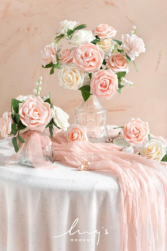 Ling’s Moment Artificial Flowers 25Pcs Glowing Cream Roses Decor w/Stems,3" Real Touch DIY Foam Floral for Wedding Bouquet/Centerpieces, Outdoors Party Backdrop, Room/Table, and Garden/Pot Decorations