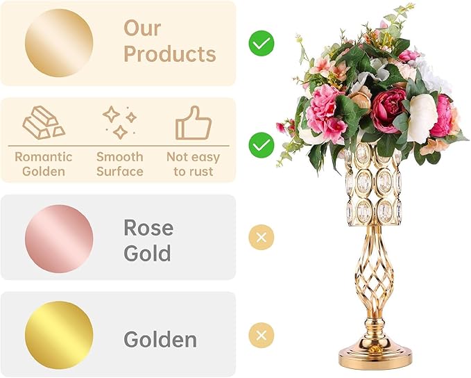 20in Metal Crystal Wedding Centerpiece Vases for Tables Set of 2, Gold Trumpet Flower Vase Stands for Wedding Party Reception Dining Room Living Room Décor
