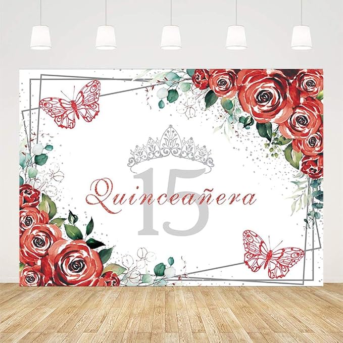 SENDY 8x6ft Quinceañera Backdrop Mis Quince 15 Anos Birthday Party Decoration Supplies for Girl Princess Red Floral Flower Butterfly Silver Crown Photography Background Banner Photo Booth Studio Props