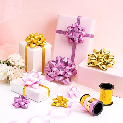 WRAPAHOLIC 16 Pcs Gift Bows Assortment - 14 Multi Colored Assorted Size Gift Bows(Pink, Gold), 2 Crimped Curling Ribbons, Perfect for Holiday, Party