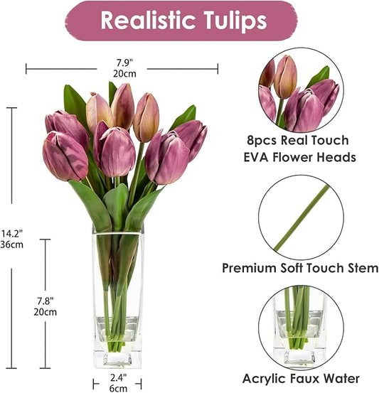 Briful Fake Flowers Artificial Tulip Flower Purple in Clear Vase, Real Touch EVA Tulip Arrangement Suitable for Home Office Fall Decoration, Dining Table Centerpiece