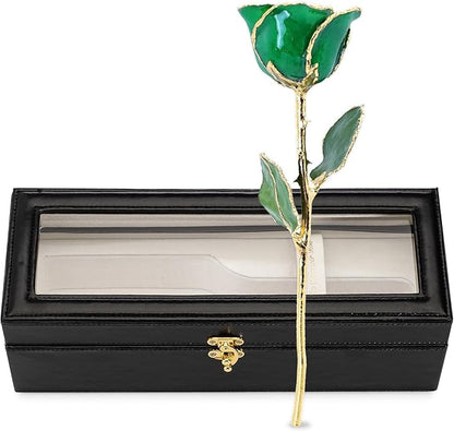 Forever Rose Hand-Dipped in 24K Gold, Emerald-Inspired May Birthstone with Sparkles, Real Rose in Leather Case with LED Light – Perfect Ready to Gift for May Birthday or Any Occasion