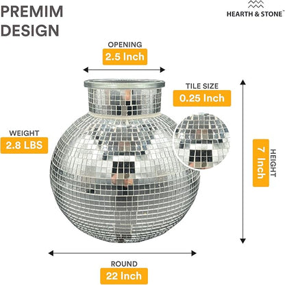 Disco Ball Planter | 7” Disco Ball Vase for Flowers & Plants | Handmade Silver Square Small Mirrors Center Piece | Disco Ball Plant Holder Silver