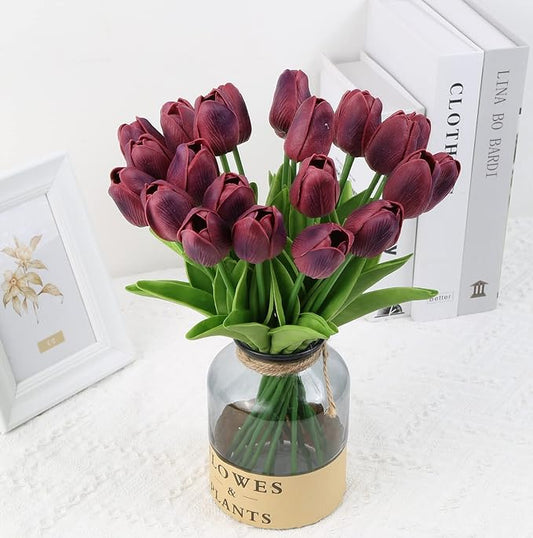 IPOPU Tulips Artificial Flowers 24PCS Burgundy Flowers Real Touch Tulips Fake Tulips Burgundy Silk Flowers Faux Flowers for Home Decoration Wedding Bouquet Party Baby Shower