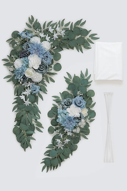 Light Blue Artificial Wedding Arch Flowers Kit (Pack of 3) with 26Ft White Shiny Arch Draping Fabric for DIY Wedding Party Ceremony Reception Backdrop Floral Decoration