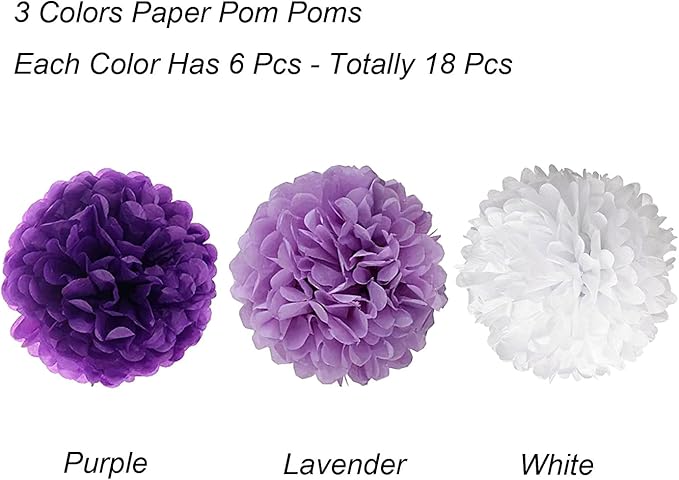 Tissue Paper Pom Poms, Recosis Paper Flower Ball for Birthday Party Wedding Baby Shower Bridal Shower Festival Decorations, 18 Pcs - Purple, Lavender and White