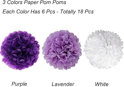 Tissue Paper Pom Poms, Recosis Paper Flower Ball for Birthday Party Wedding Baby Shower Bridal Shower Festival Decorations, 18 Pcs - Purple, Lavender and White