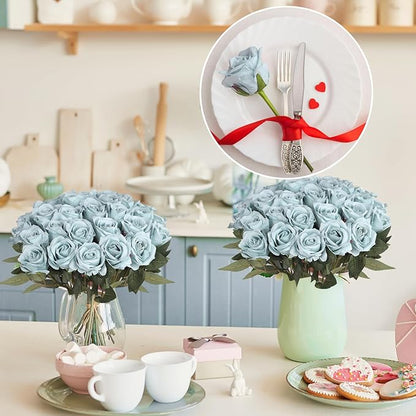 30pcs Fake Roses Artificial Silk Flowers Long Stems Bouquet for Wedding Bridal Shower Party Home Decoration (Dusty Blue)