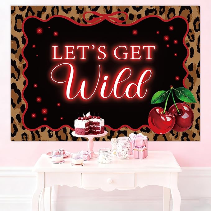 Whaline Let's Get Wild Backdrop 7 x 5 Ft Photography Background Banner Leopard Print Cherry Photo Prop for Jungle Safari Animal Birthday Bachelorette Party Decor