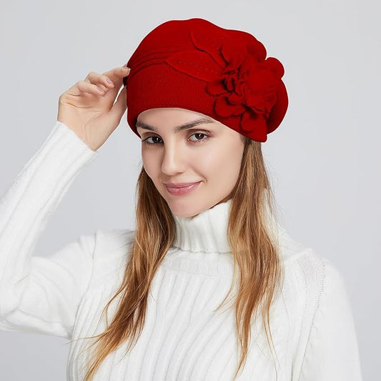 Flower Women Beret, Double Layer Thickened Winter Knitted Beanie Beret Hat, Stylish French Dress Beret Hats for Women