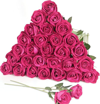 30pcs Silk Roses Artificial Flowers Hot Pink Fake Rose with Long Stem for Arrangement Wedding Party Home Decoration